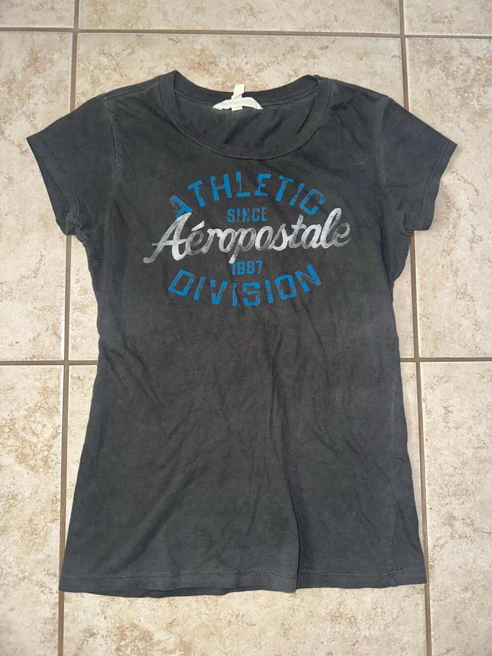 Aeropostale Athletic Division Graphic Baby Tee Black Blue Y2K Size M